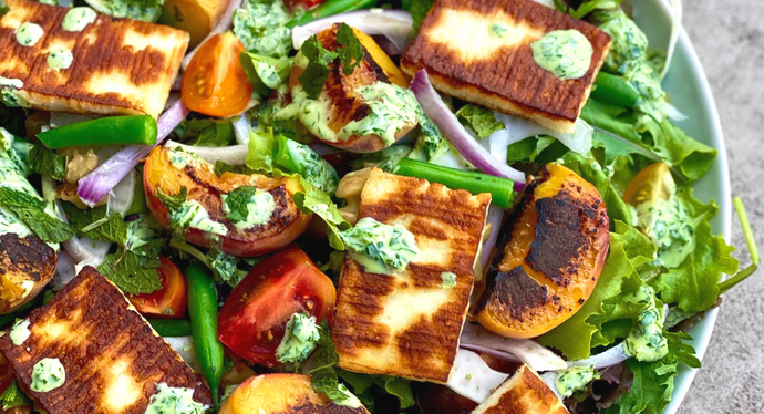 Grilled Peach & Halloumi Salad With Green Goddess Dressing